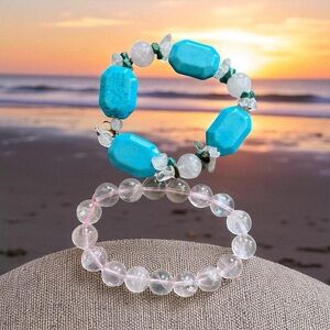 Howlite Rose Quartz & Turquoise Chip Bracelet Set w/ Sterling Clasp 8”